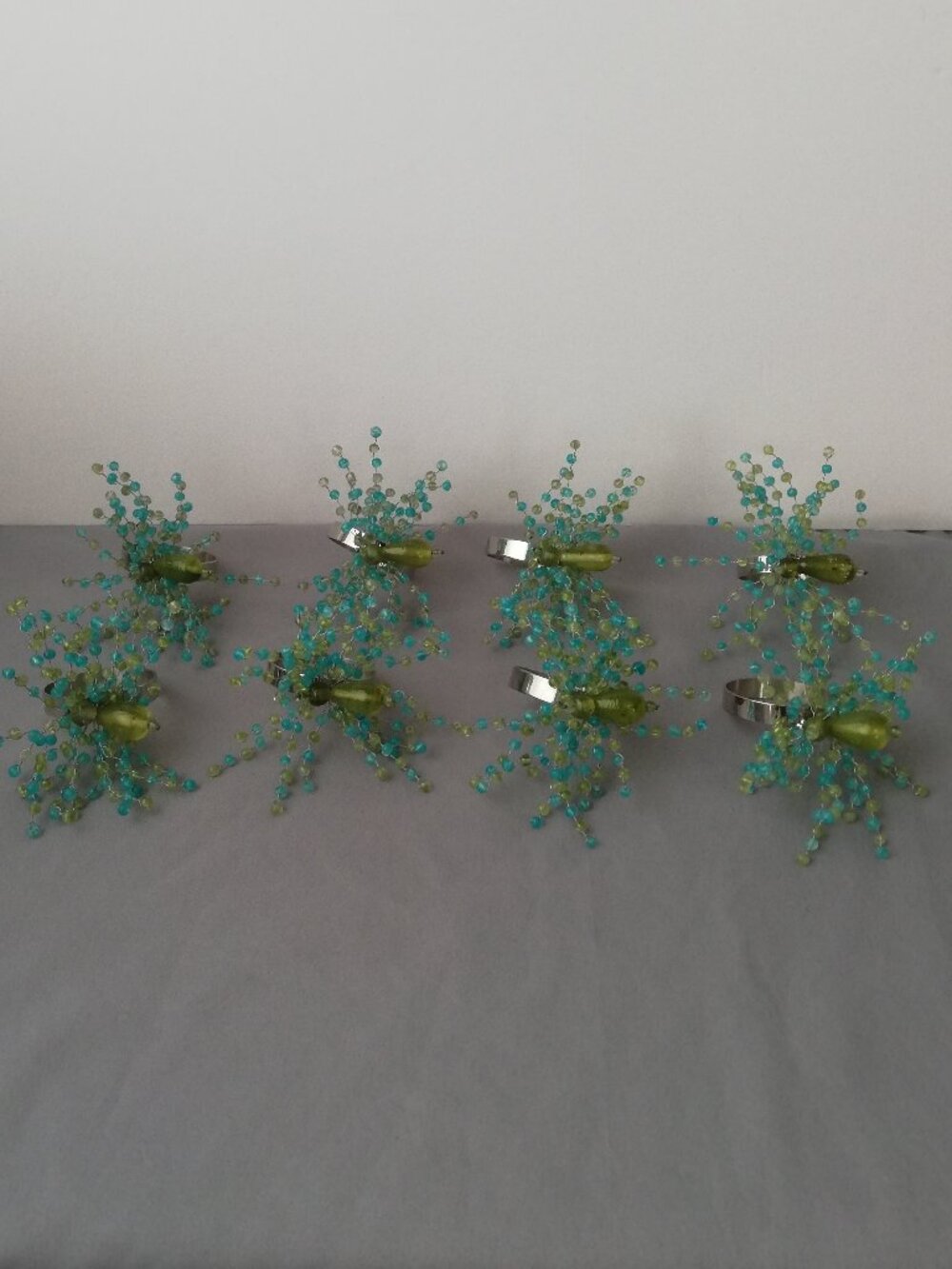 Set of 8 Hand-Wired Glass Beaded Napkin Rings – Teal / Seafoam